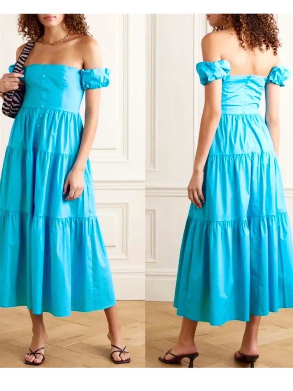 Staud Elio Off-The-Shoulder Tiered Poplin Midi Dress in Bright Blue, size 16 - Picture 4 of 7